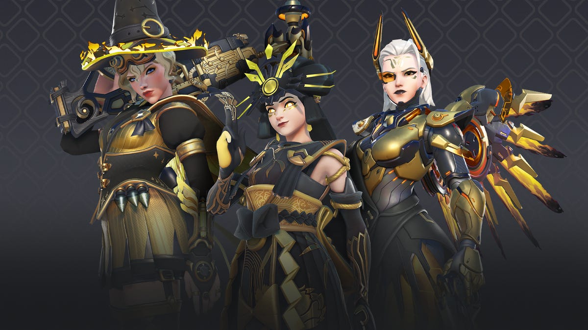 Kiriko, Mercy and Widowmaker in their mythic skins recolored gold and black