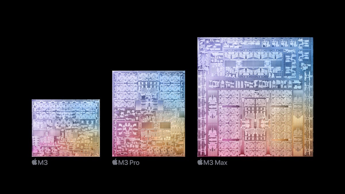 Apple's M3, M3 Pro and M3 Max processors against a black background. 