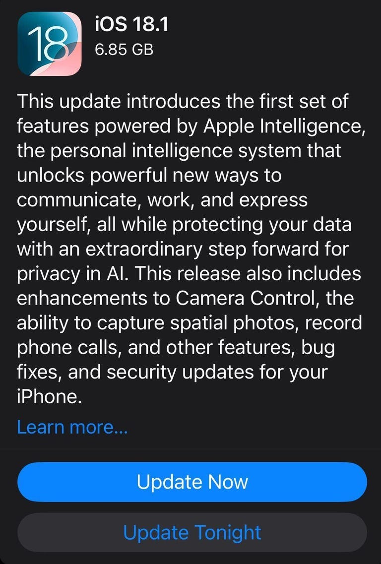 The iOS 18.1 release candidate with notes