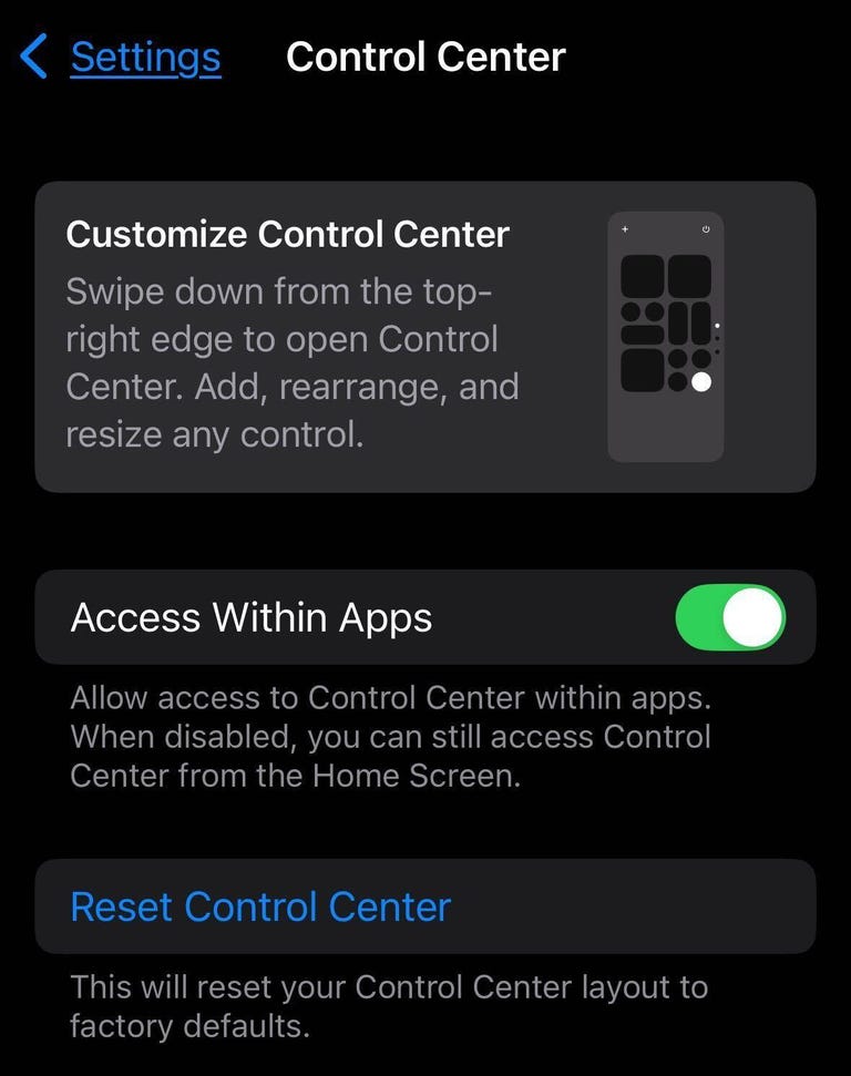 The Control Center menu in Settings. There is now an option to reset your Control Center back to its default