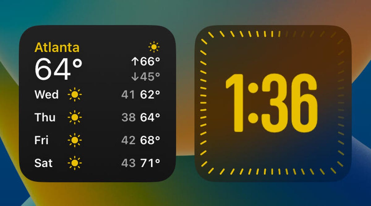 The Weather and Clock widgets with a yellow tint