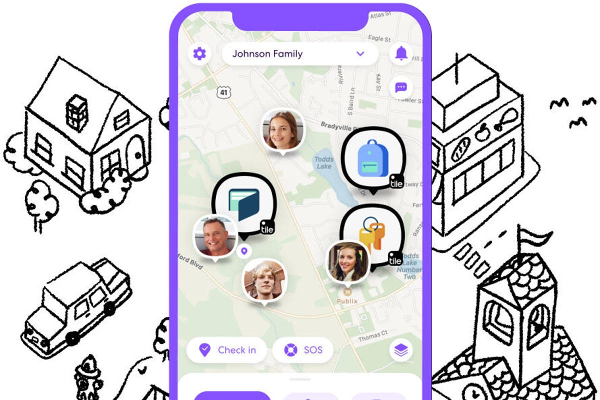 The Life360 app showing family member locations.