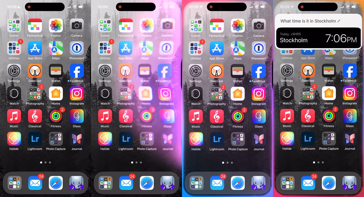 Four iPhone home screens showing the animation of the new Siri effect: a pink glow erupts from the Sleep/Wake button, which becomes a glowing colorful border around the screen. In the last panel, a Siri request for 