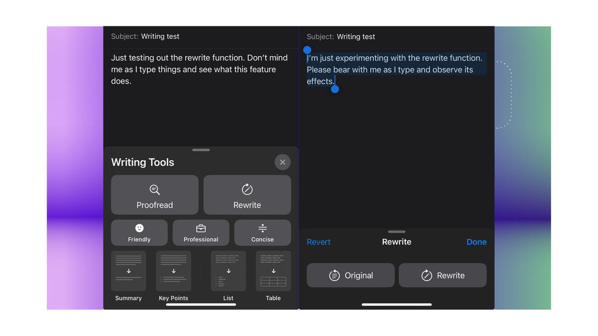 A side-by-side comparison of what the Apple Intelligence rewrite tool does to messages