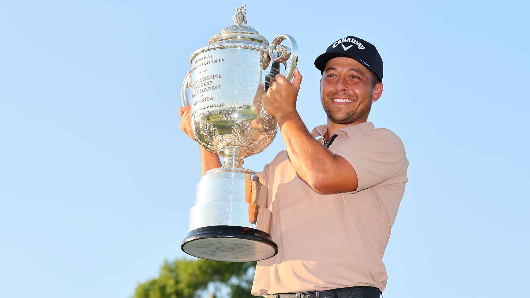 Xander Schauffele of the United States poses with the Wanamaker Trophy after winning the final round of the 2024 PGA Championship at Valhalla Golf Club on May 19, 2024 in Louisville, Kentucky.