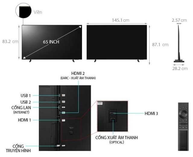 Smart tivi Samsung 65 inch 4K UA65AU8000 thiết kế kích thước