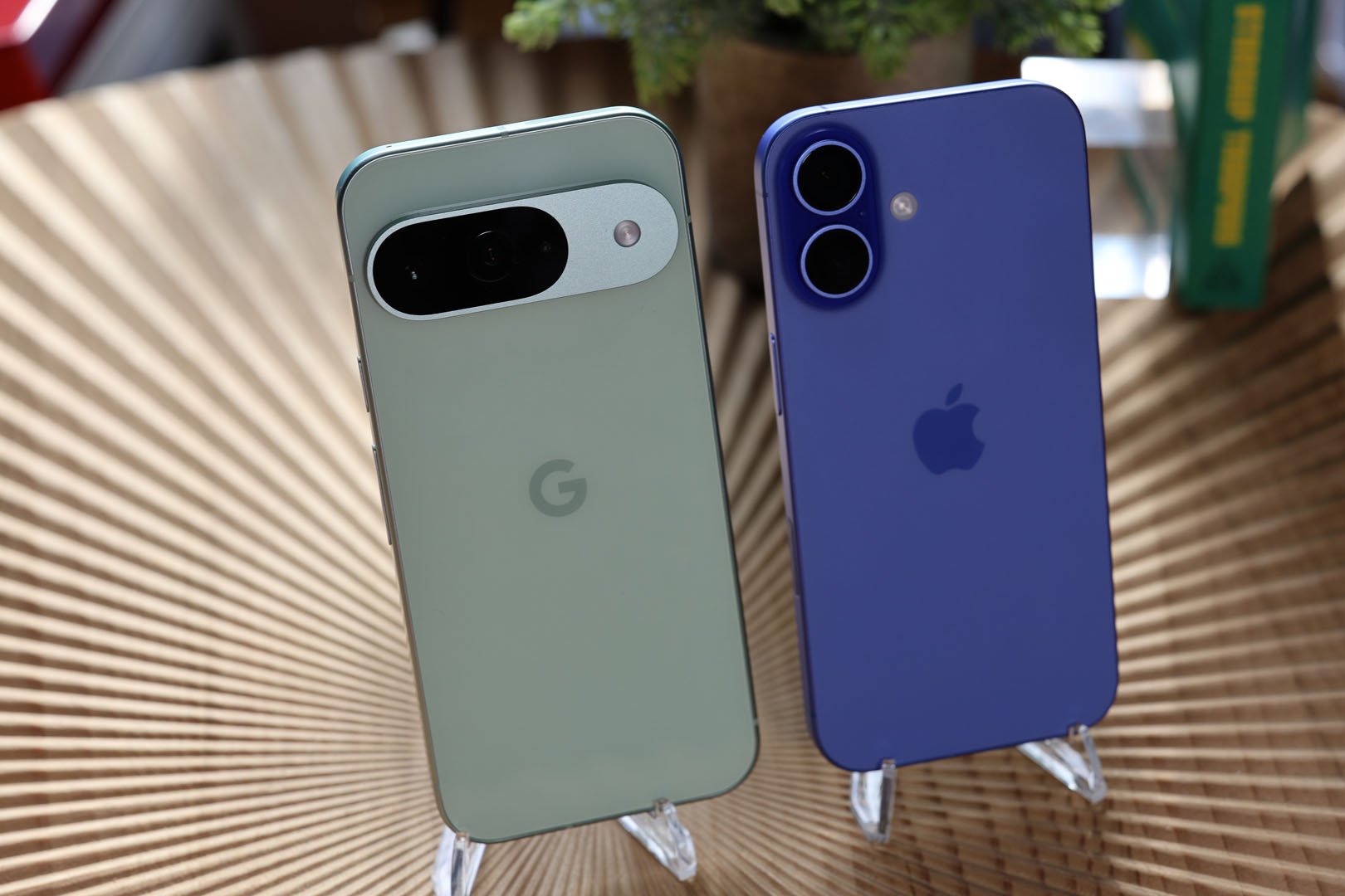 Back panels of iPhone 16 and Pixel 9 side by side