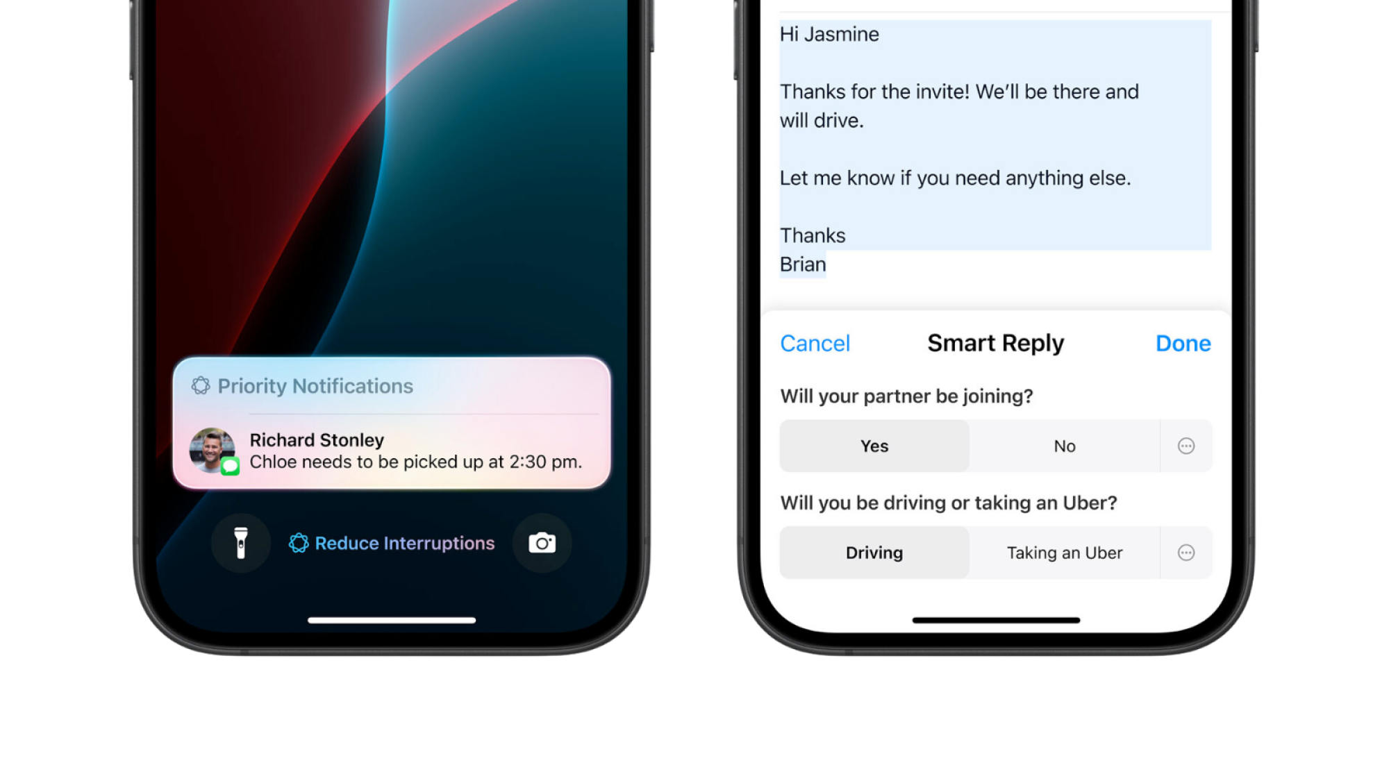 Two iPhones side by side showing Apple Intelligence's Priority Notification and Smart Reply features.