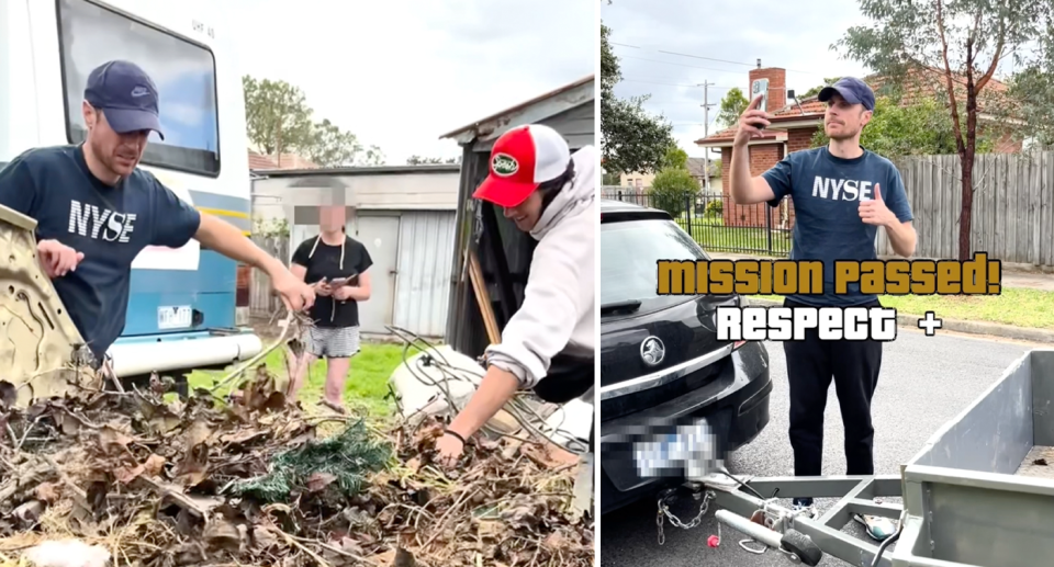 Harvey and a friend clear out the mess inside the trailer (left) and he puts a thumbs up to a camera between his car and trailer now connected to one another again (right). 