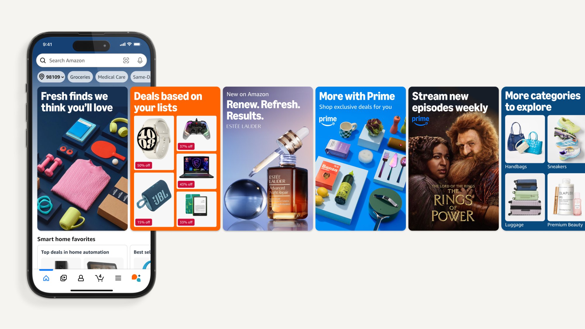 amazon's redesigned window display showing different pages fanned out