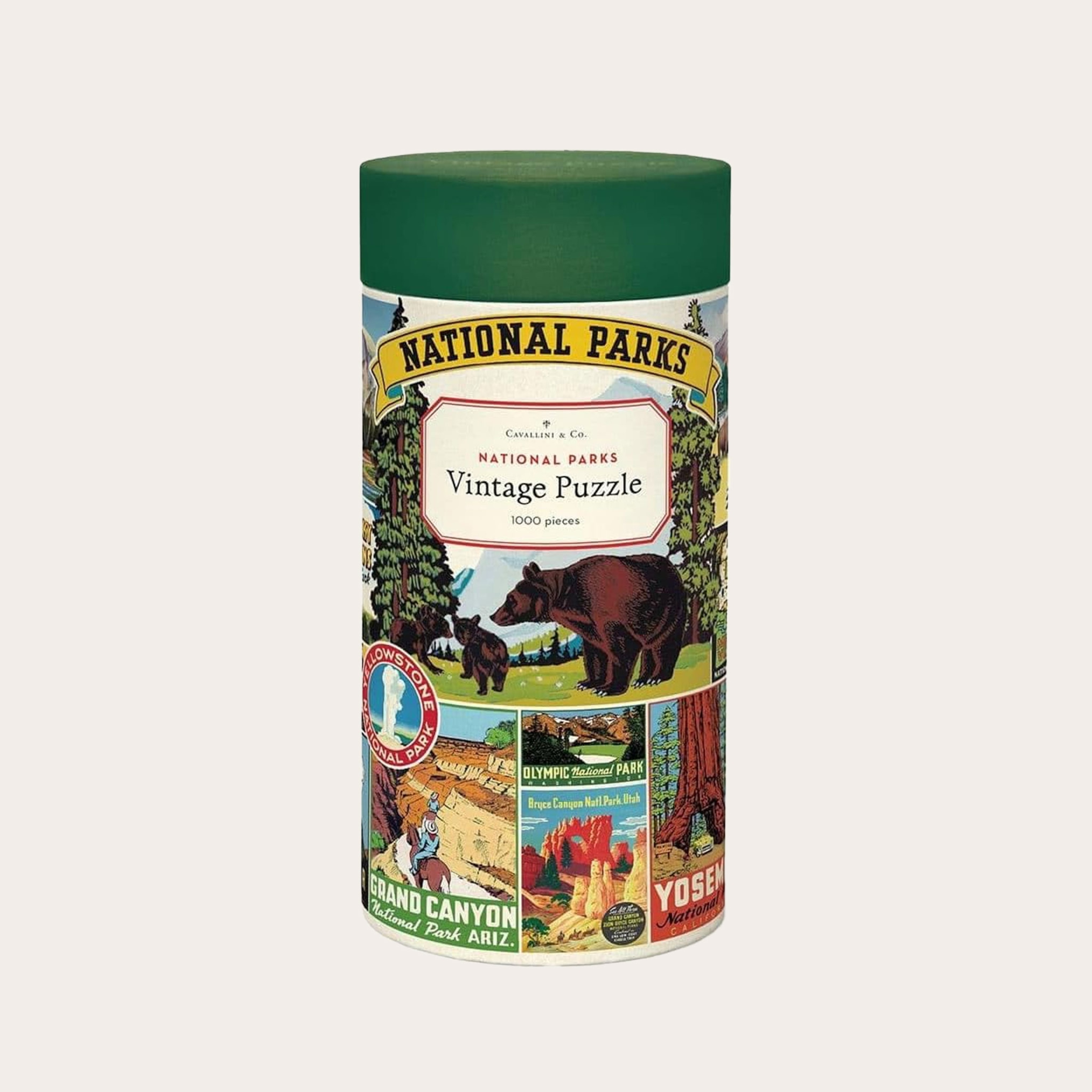 Cylinder container with illustrations of national parks placed on a tan background.