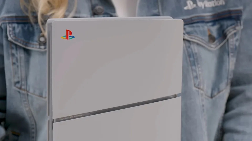 A closeup of the top of the 30th Anniversary PS5 console.