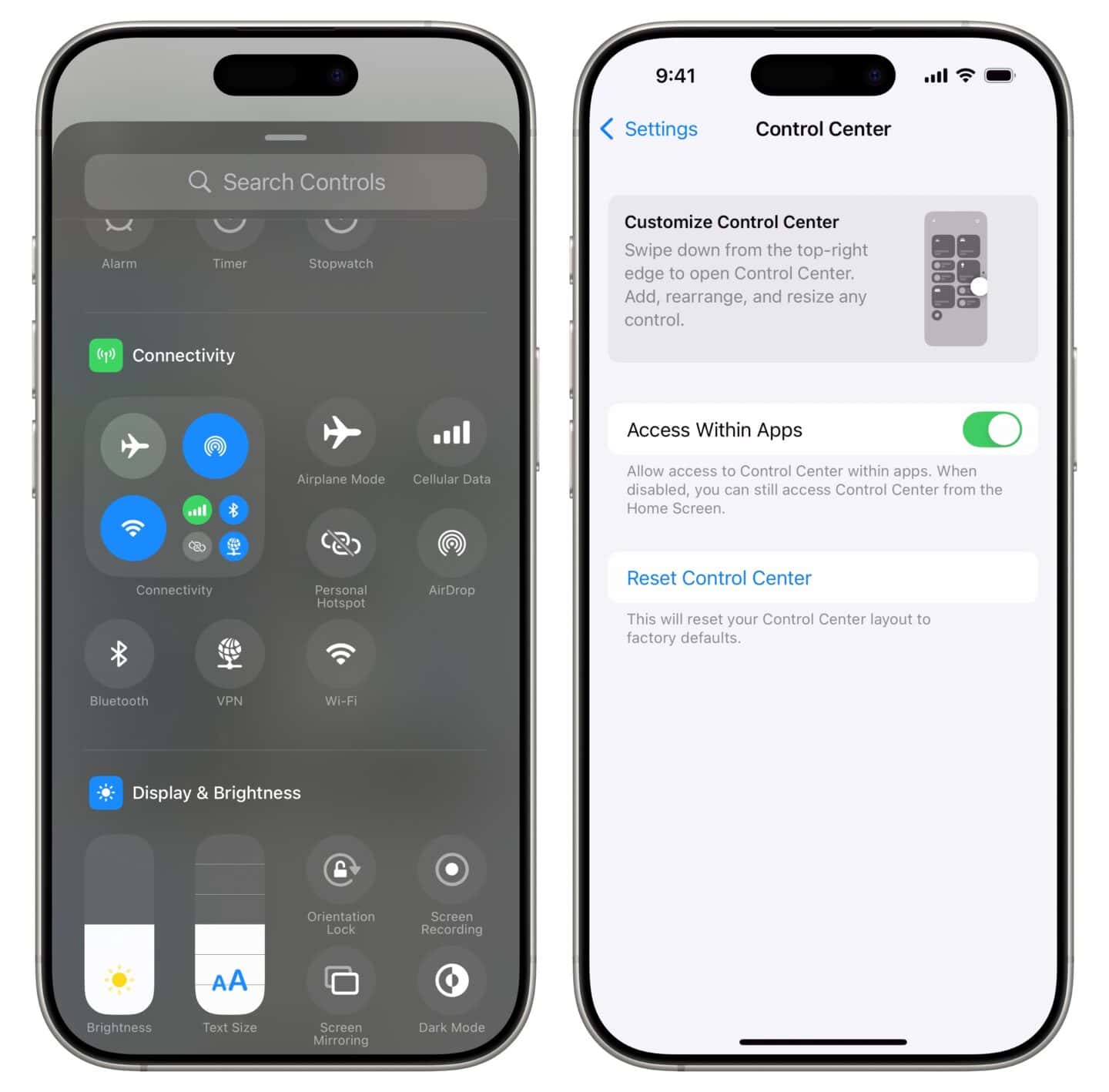 Control Center toggles in iOS 18.1, and the “Reset Control Center” setting