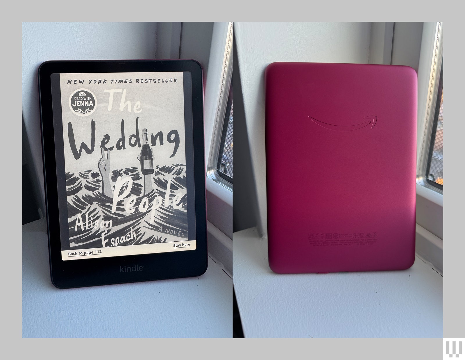 The Kindle Paperwhite a pink ereader. Left The black and white cover of an ebook on the screen. Right The pink backside...