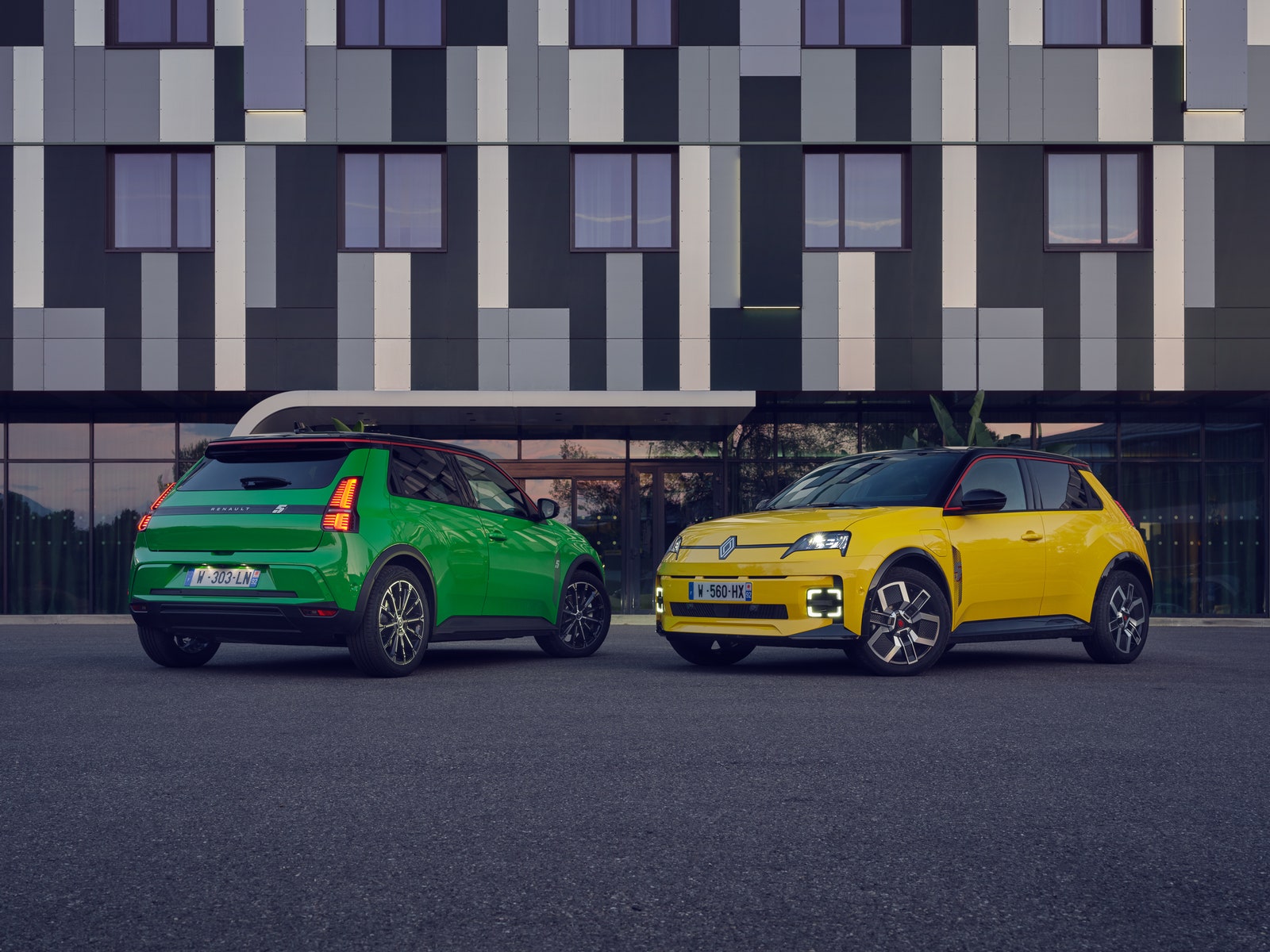 A green car and a yellow car