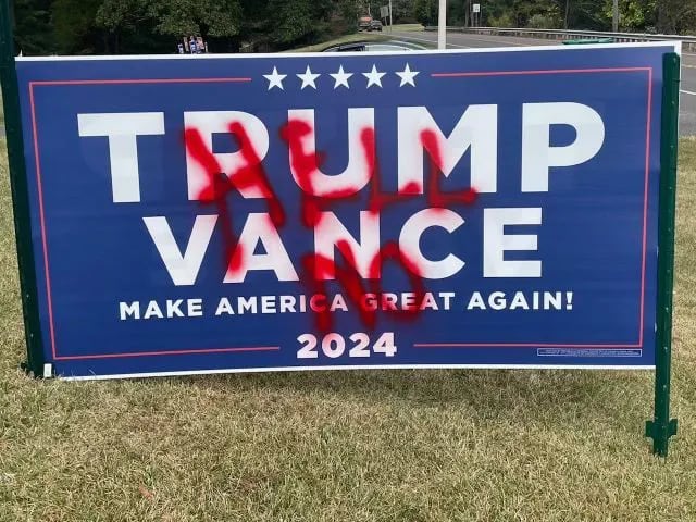 Outside of the Montgomery County Republican Committee's satellite office on Trooper Road in Lower Providence, a large Trump-Vance sign was spray painted over with the words "Hell no."