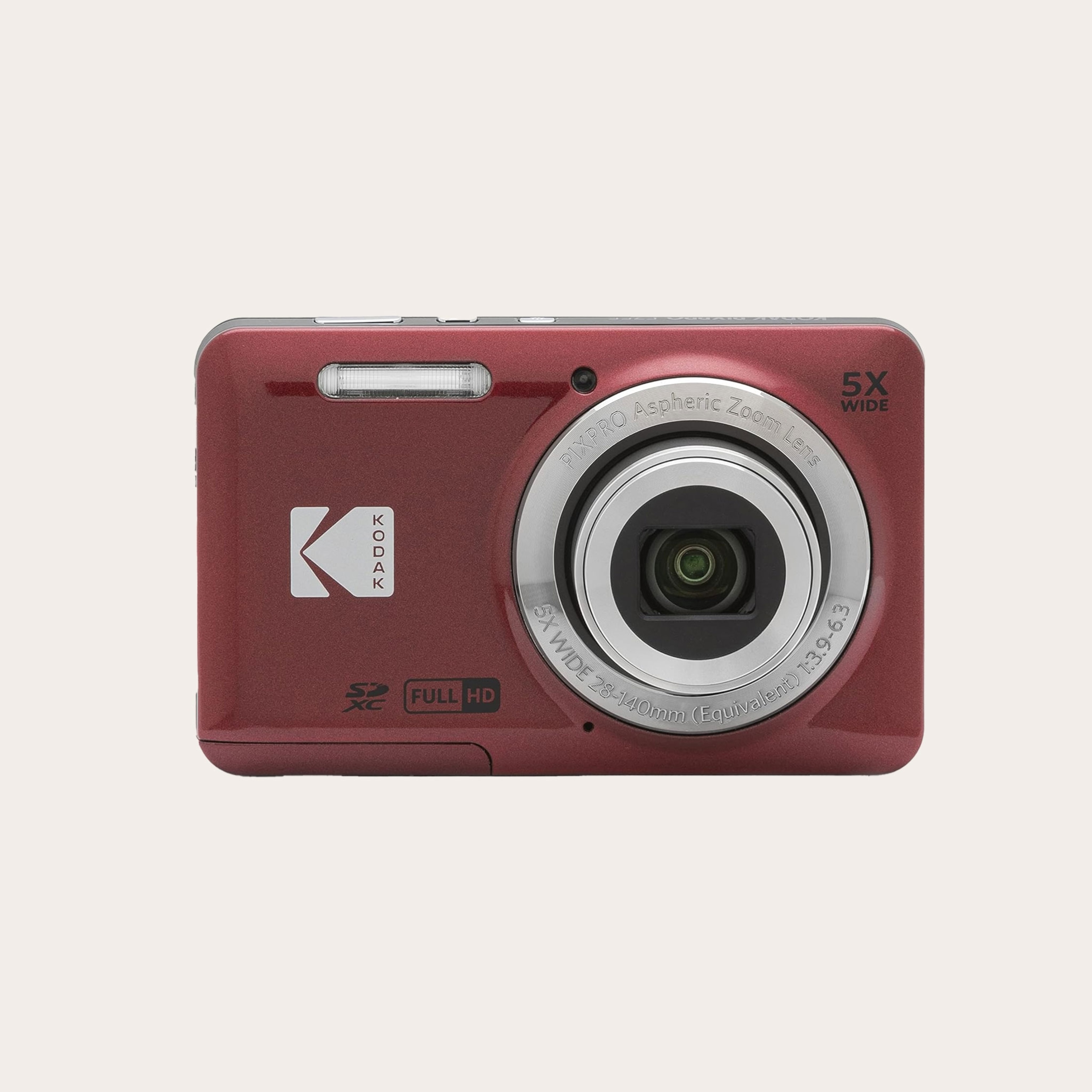 Maroon handheld digital camera placed on a tan background.