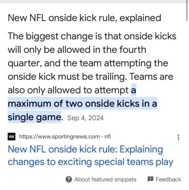 google search showing incorrect onside kick rules