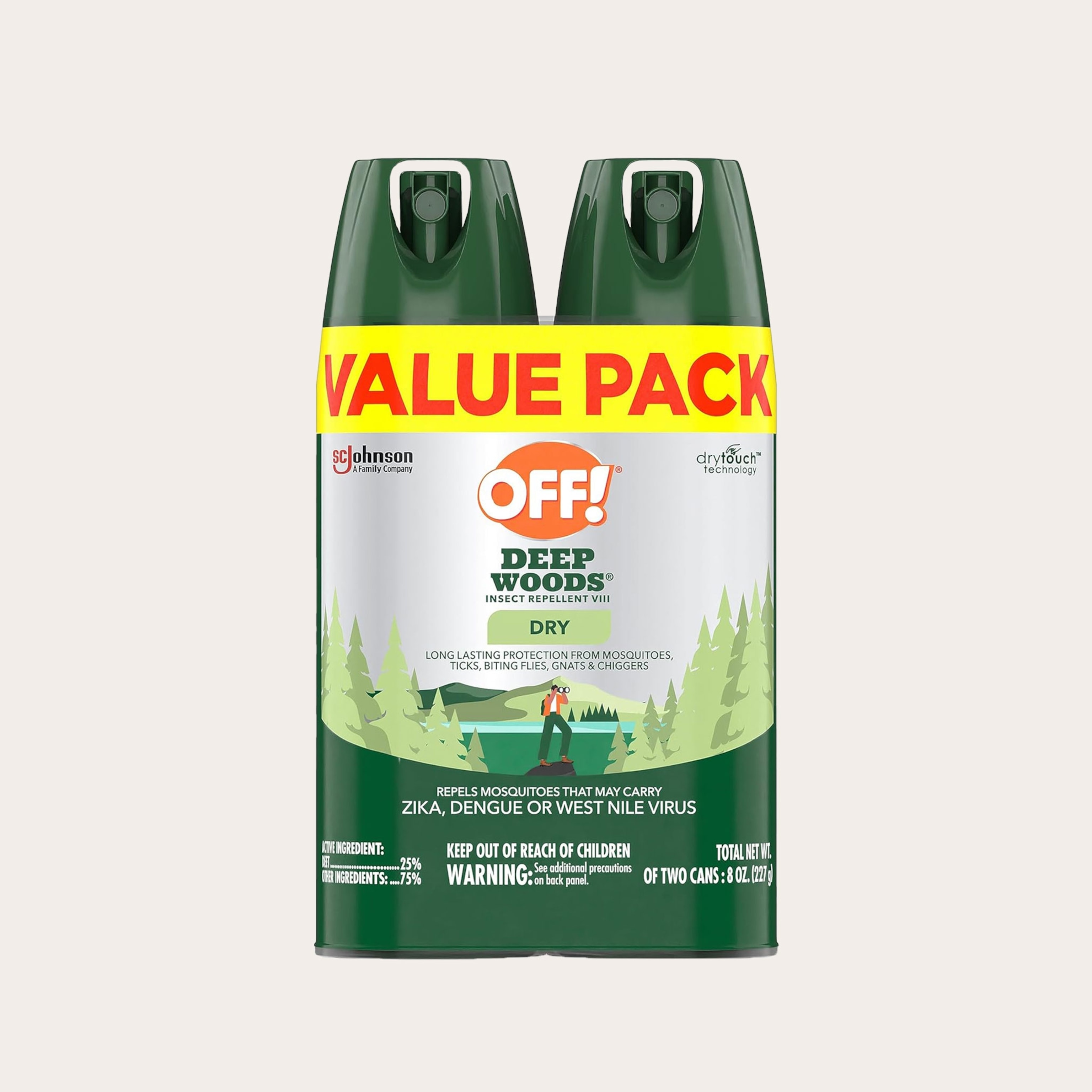 Two dark green aerosol cans wrapped in branded packaging placed in front of a tan background.