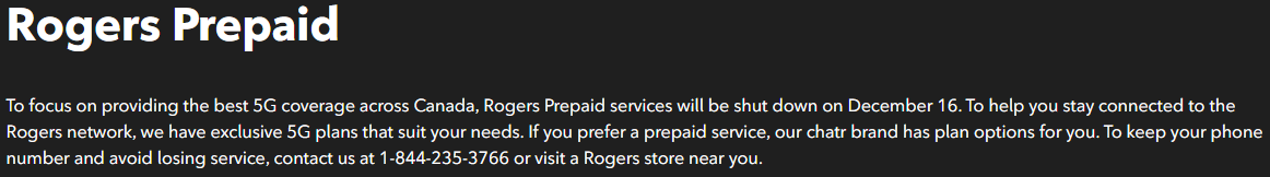 Rogers' prepaid shutdown notice.