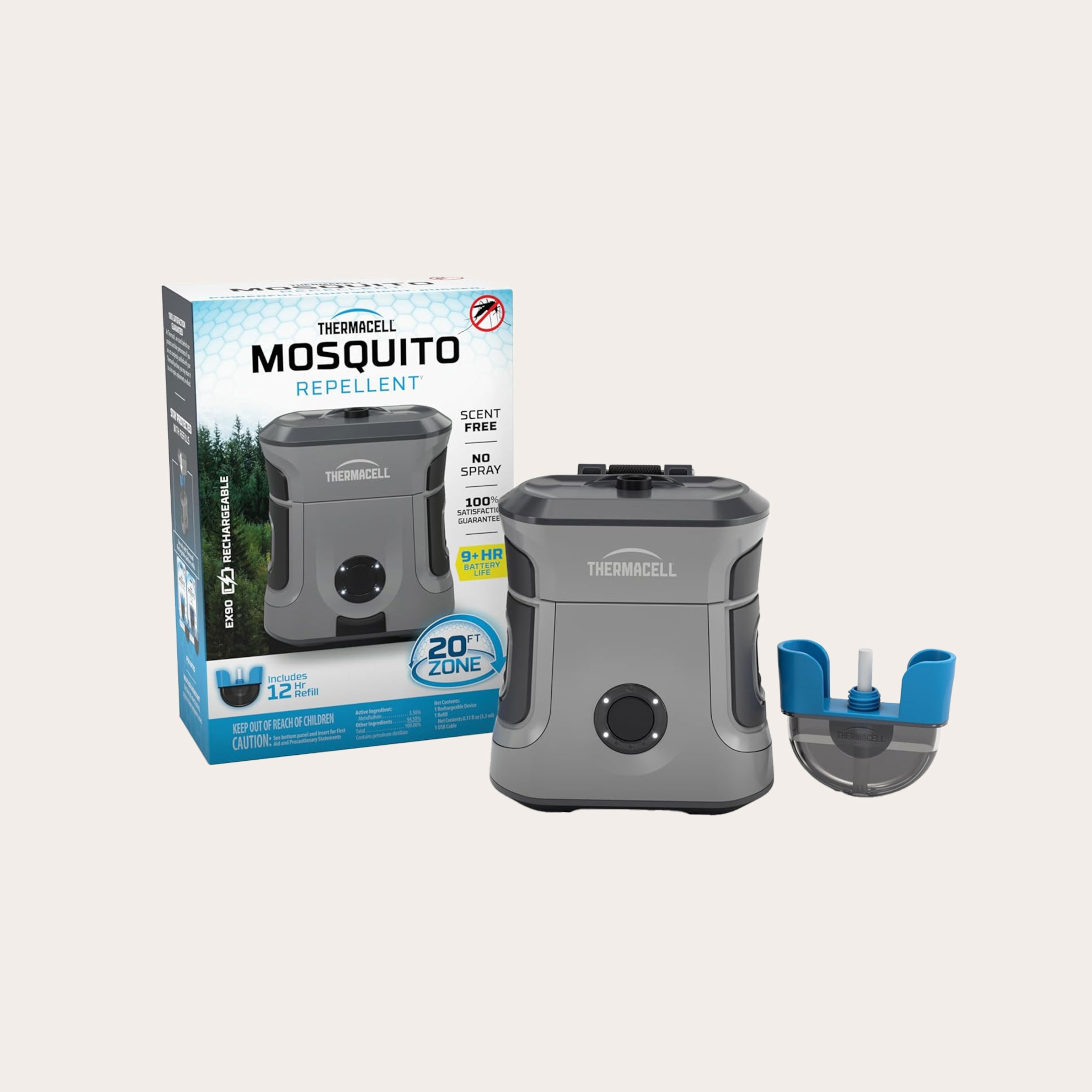 Dark grey mosquito device with white and blue packaging box placed on tan background.