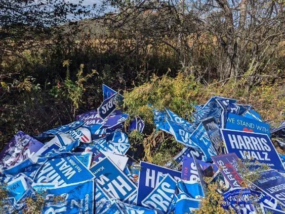 In Montgomery County, the Worcester PA Dems discovered 250  damaged Harris-Walz lawn signs had been dumped in the woods off of Wentz Church and Morris Roads in Lansdale. About 150 of them were too damaged to reused, organizers said.