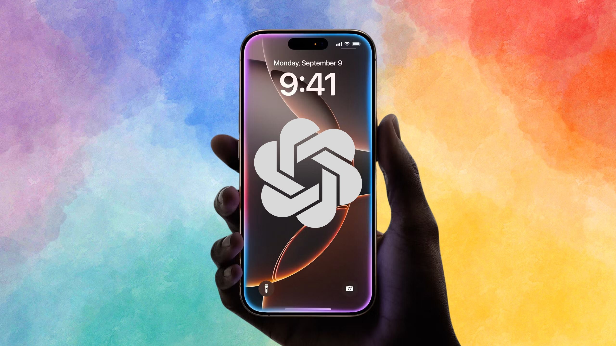 Hand holding iPhone with Siri glow and OpenAI logo