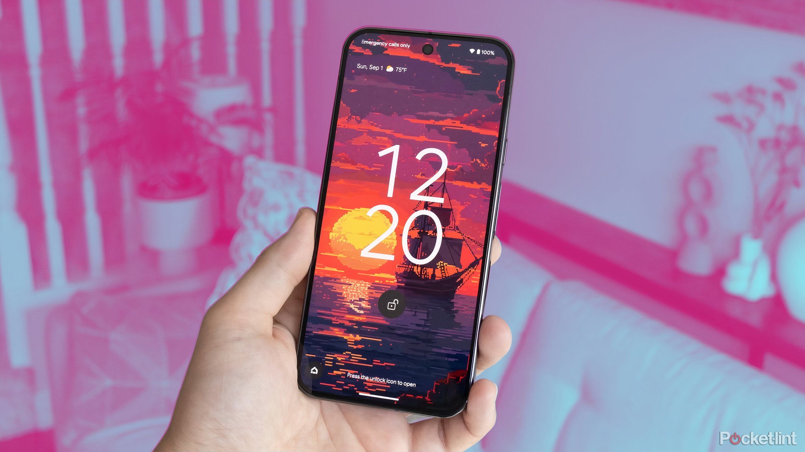 A Pixel 9 Pro XL over a pink background.