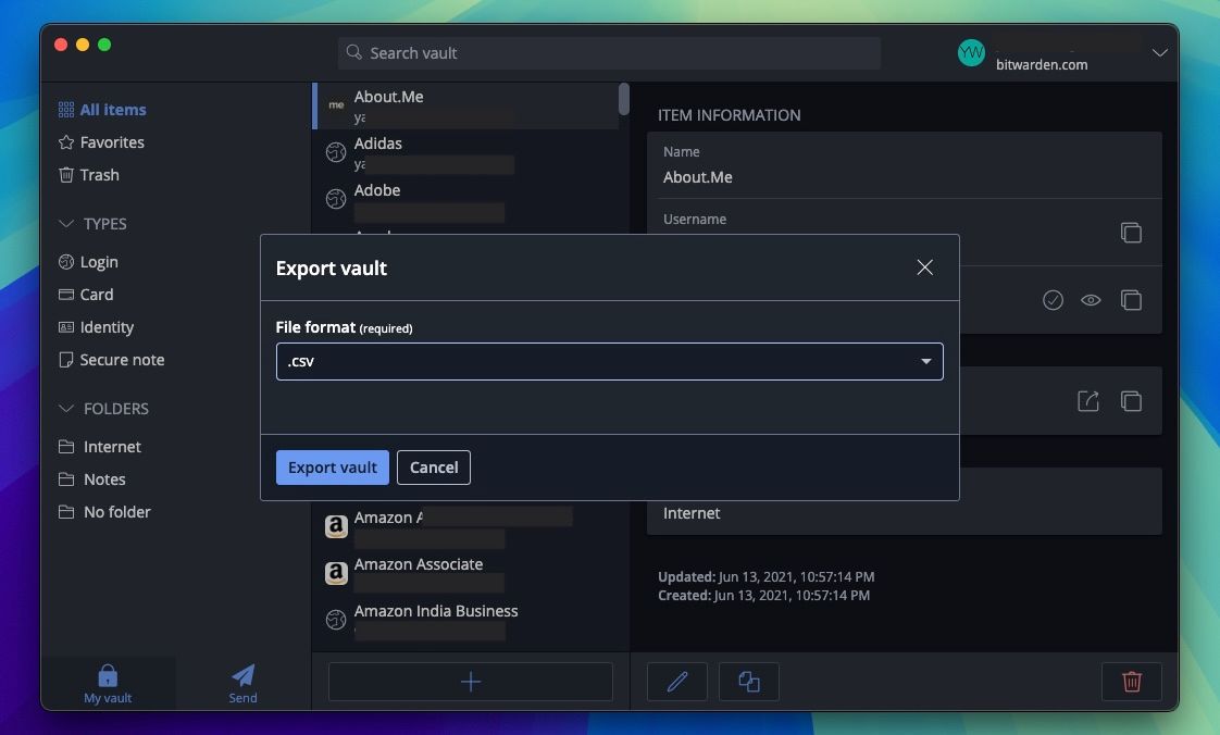 Changing the export file format to CSV in Bitwarden on a Mac.