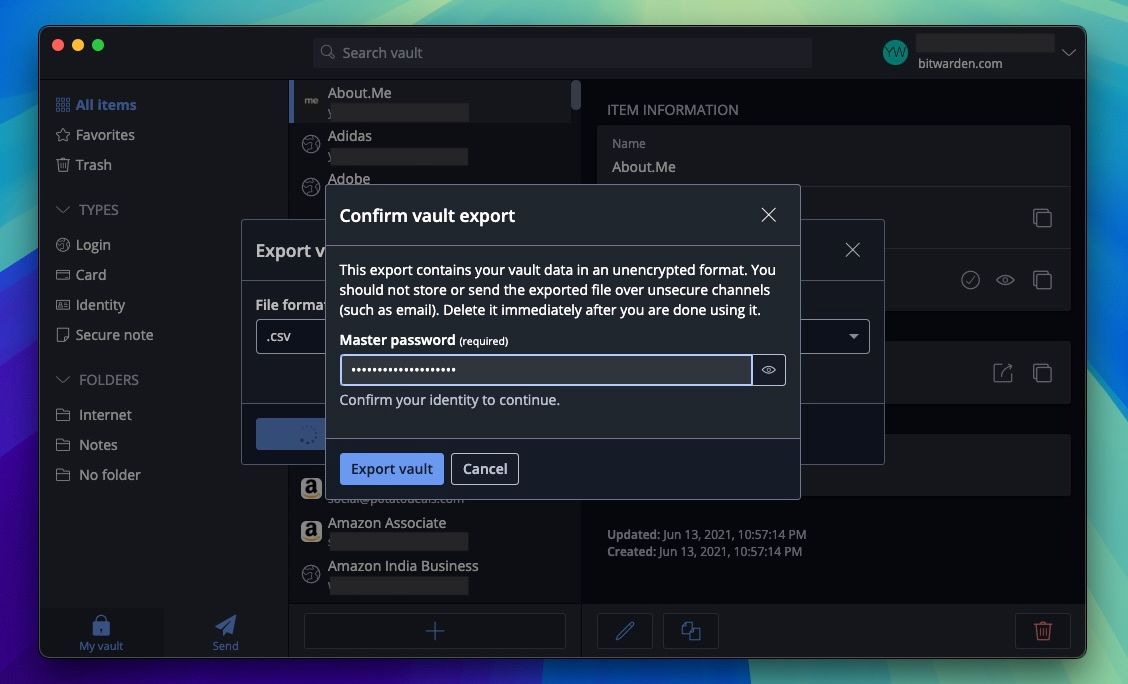 Entering master password in Bitwarden to confirm exporting the vault.