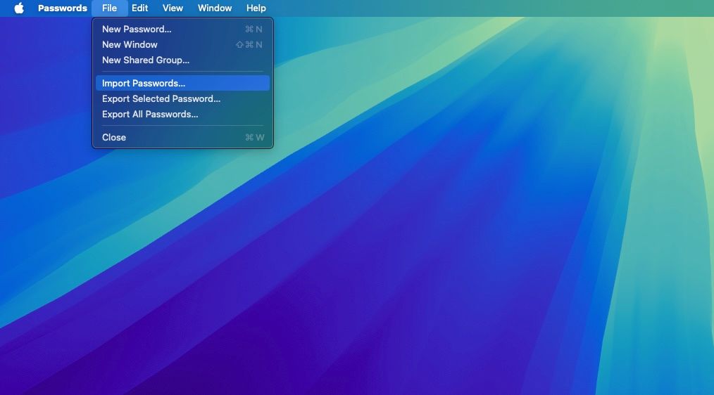 Import Passwords option in Apple Passwords app's File menu.