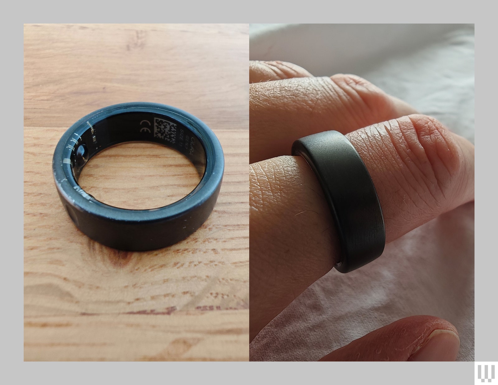 Left Black ring sitting on wooden surface. Right Closeup of a black ring on a person's finger.