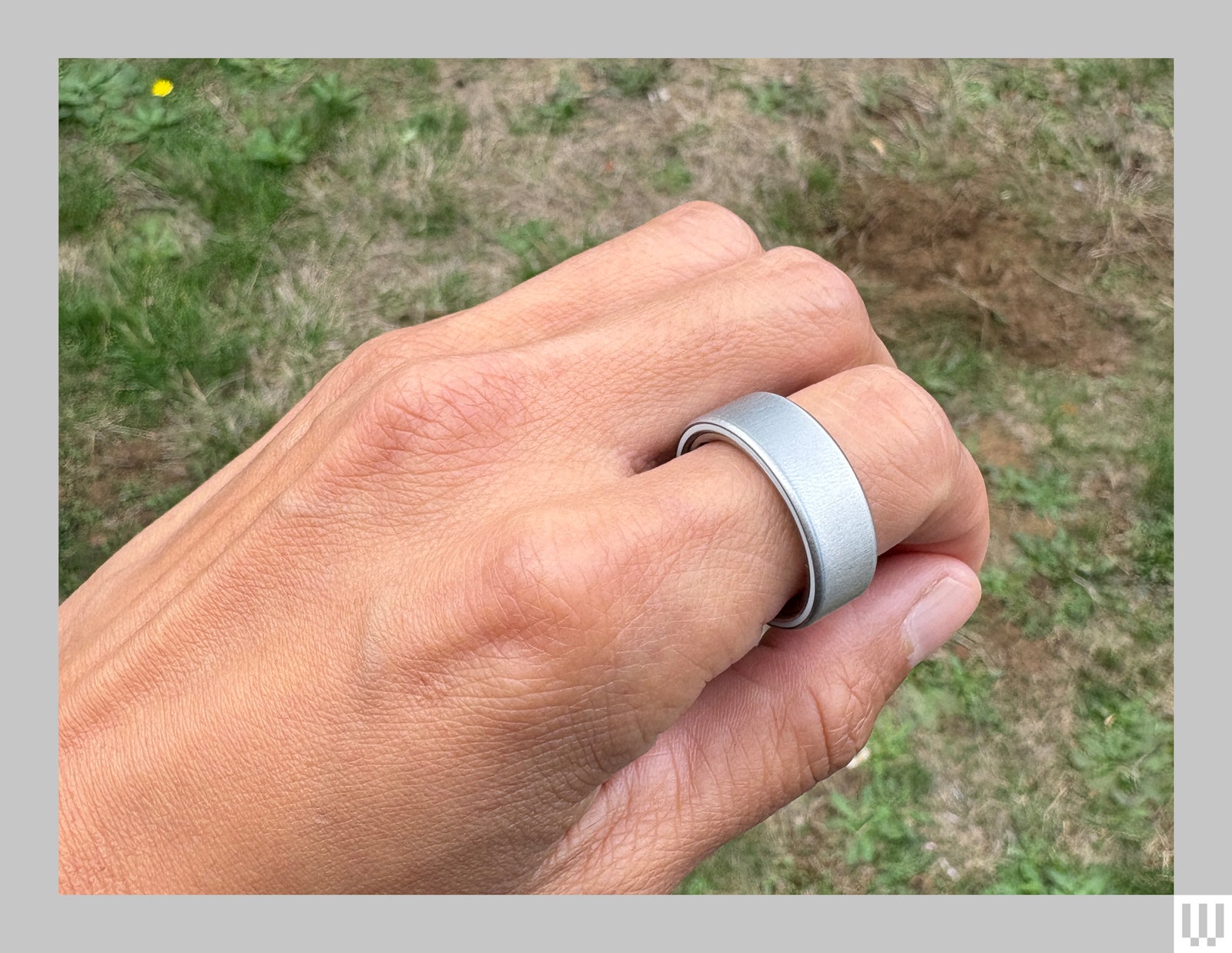 Oura Ring 4 một chiếc nhẫn bạc đơn giản trên ngón tay của một người có nền cỏ