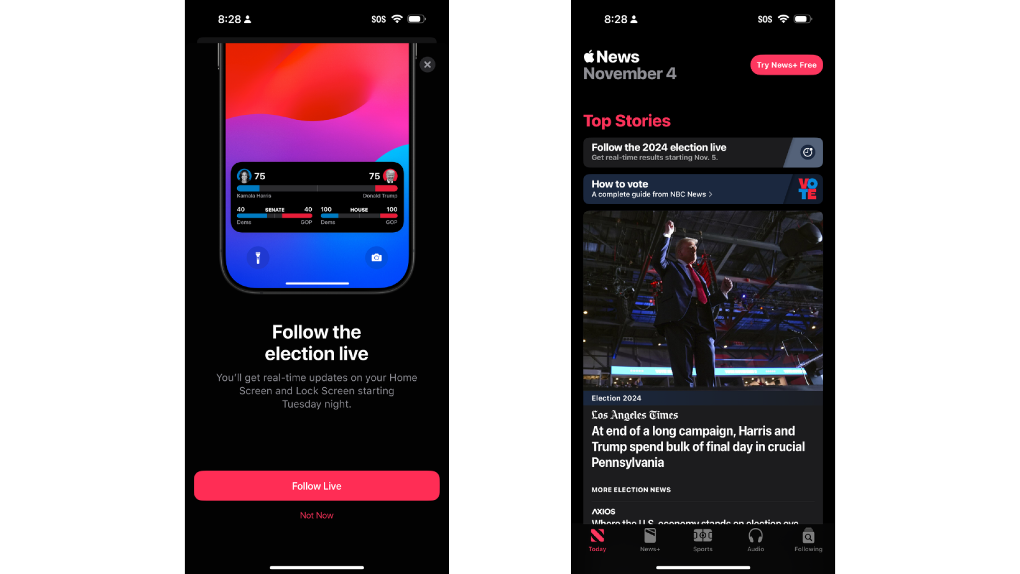 Hai ảnh chụp màn hình của Apple News, cho thấy cách kích hoạt các Hoạt động Trực tiếp về Bầu cử tại Hoa Kỳ.