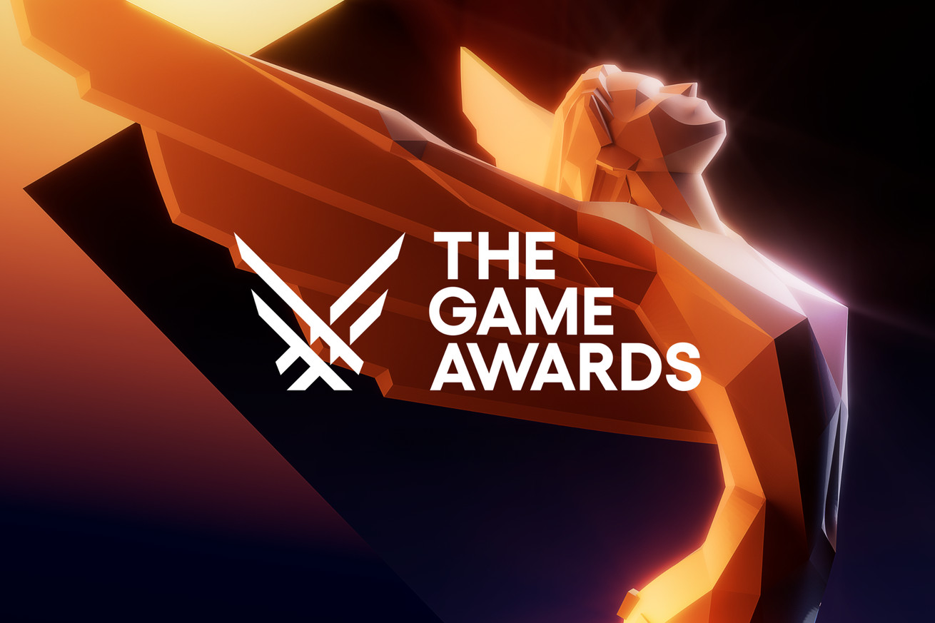 Hình ảnh chiếc cúp The Game Awards, một người phụ nữ có cánh sải cánh sau đầu trên nền đen và vàng.