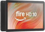 Máy tính bảng Fire HD 10 xuất hiện trên nền trắng với biểu tượng nụ cười Amazon và tiêu đề của nó trên màn hình.