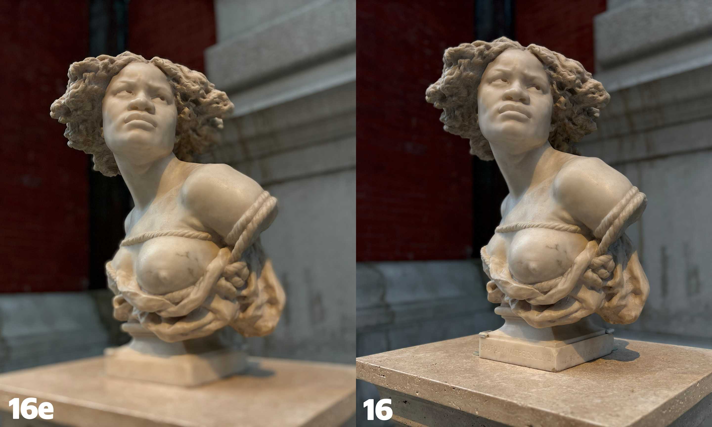 Two pictures side by side, both showing the same bust shot in portrait mode in the Metropolitan Museum in New York. The left one is labeled 