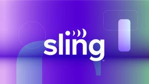 Logo TV sling trên nền CNET gradient màu tím.