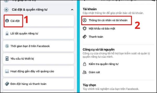 Chọn "Thông tin cá nhân và tài khoản" trong danh sách cài đặt