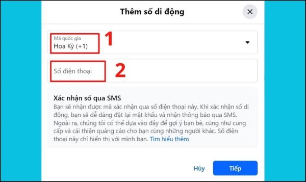 Chọn mã quốc gia Việt Nam và nhập số điện thoại 