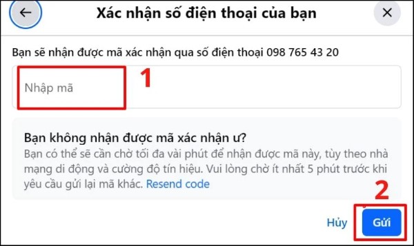 Nhập mã xác thực mà Facebook gửi đến số điện thoại mới