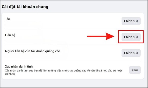 Chọn "Chỉnh sửa Liên hệ" trong mục "Cài đặt tài khoản chung"