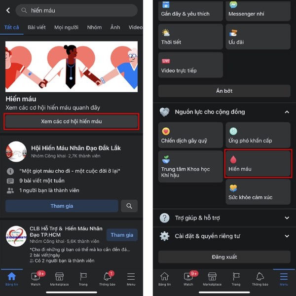 Truy cập tính năng Hiến máu trên Facebook