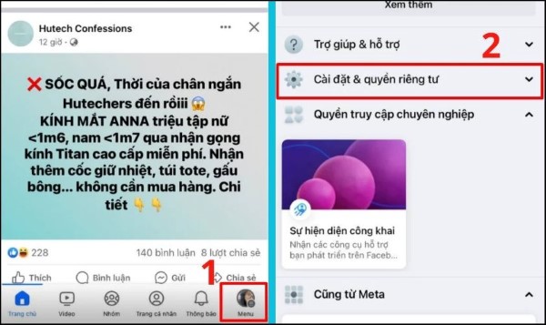 Chọn "Cài đặt & quyền riêng tư" từ danh sách các tùy chọn